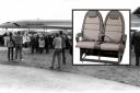 Seats from one of the 1985 Concordes. Background: Concorde at Bournemouth Airport on April 21, 1996