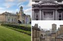 Photo of Cartwright Hall, left, by John Foster. The top right image shows the entrance to The Bradford Club while the low right image is Little Germany