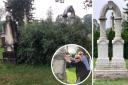 The memorial to John Standfield before and after restoration, with Gayle Young and Geoff Anderson inset