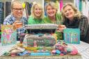 Haberdasherdo team with the sewing box inspired cake- L-R: Tracey, Helen, Jane, Ali, for the businesses fifth anniversary