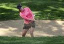 Georgia Hall, of England, plays from a green side bunker on the final hole of regulation during the final round of the LPGA Cambia Portland Classic golf tournament in Portland, Ore., Sunday, Sept. 20, 2020. Hall later won over South Africa's Ashleigh