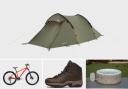 (top) Jackall II tent (Blacks), (left) Calibre Lead Mountain bike (Go Outdoors) (middle) Kids’ Snowdon II Walking Boots (Millets) Lay-Z-spa Madrid Hot Tub ( Go Outdoors)