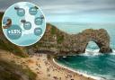 Durdle Door on the Jurassic Coast. Inset: Infographic of UK staycation spots. Credit: Parkdean Resorts