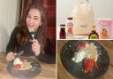 (left clockwise) Rebecca eating pancakes, M&S pancake mix, Lemon pancakes with strawberries and cream. Credit: Rebecca Carey and M&S