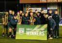 Poole Town celebrate after the Dorset Senior Cup final between Hamworthy United and Poole Town on Tue 1st March 2022 at The County Ground, Hamworthy, Dorset. Photo: Ian Middlebrook.