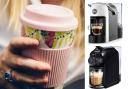 Photo via Canva/Lavazza shows a woman drinking from a reusable coffee cup and a series of Lavazza coffee machines, starting at £95.