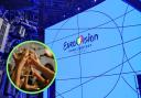 (Background) Eurovision Song Contest 2022 stage. (PA) (Circle) People toasting glasses at a party. ( Canva)