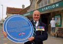 Swanage Railway Trust chairman Frank Roberts with D-Day 80 plaque Swanage station