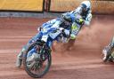 Richard Lawson Testimonial race meeting at Poole Speedway. Heat 3  rerun - Ben Cook ( blue) and