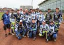 Richard Lawson Testimonial race meeting at Poole Speedway. Richard Lawson with both teams of guest riders before the meeting.