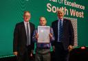 Dave Murnane (centre), Project Manager at Bellway’s Kingsmere Park development, receiving his Seal of Excellence from the NHBC’s South West Regional Director Nick Cunningham (left) and CEO Steve Wood (right)