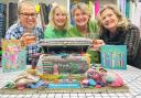 Haberdasherdo team with the sewing box inspired cake- L-R: Tracey, Helen, Jane, Ali, for the businesses fifth anniversary