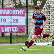 File photo: Bailey Rowe (Hamworthy Utd) celebrates the first goal during the FA Vase 5th Round tie between Hamworthy United and Tunbridge Wells on Sat 12th February 2022 at The County Ground, Hamworthy, Dorset. Photo: Ian Middlebrook.