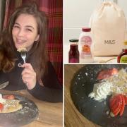 (left clockwise) Rebecca eating pancakes, M&S pancake mix, Lemon pancakes with strawberries and cream. Credit: Rebecca Carey and M&S