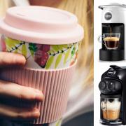 Photo via Canva/Lavazza shows a woman drinking from a reusable coffee cup and a series of Lavazza coffee machines, starting at £95.