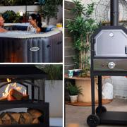 (Top left) Hot tub, gas pizza oven, outdoor pizza oven. Credit: Aldi