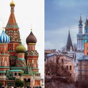 Russian landmark St Basil's Cathedral, pictured left, and a beautiful church in Kiev, pictured right. Photos via Canva/Pixabay.