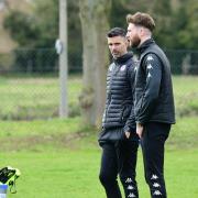 Tim Sills and assistant manager Chris Senior prior to kick-off at Willen Road (Pic: Ian Middlebrook)