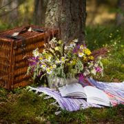 A picnic blanket and basket with flowers and a book. Credit: Canva