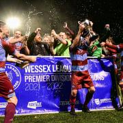 Presentation of the Wessex League Premier Division trophy to Hamworthy United after their game with Baffins Milton Rovers on Tue 12th April 2022 at The County Ground, Hamworthy, Dorset. Photo: Ian Middlebrook.