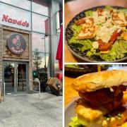 (left clockwise) Nando's restaurant, Quinoa & PERi-Tomato salad,  Smoky Churrasco baste. Credit: Rebecca Carey