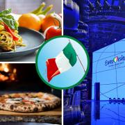 (top left clockwise) pasta (Canva) Eurovision Song Contest 2022 ( PA) Pizza (Canva) (Circle) Italian flag. (Canva)