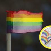 (Background) Pride flag. (PA) (Circle) 50p coin to mark 50 years of Pride. ( Royal Mint)