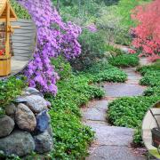 Background - A garden path. Credit: Canva. Circles - (top) Wishing Well Planter and (bottom) a Lawnmower. Credit: Aldi