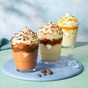 (Left) Chocolate Fudge Brownie Frappé & Light Dairy Swirl, (middle) Salted Caramel Frappé & Light Dairy Swirl and (back right) Tropical Mango Bubble Frappé & Light Dairy Swirl (Costa Coffee)