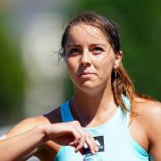 Jodie Anna Burrage during a break in play against Petra Martic in their first round women's singles match on day three of the Rothesay International Eastbourne at Devonshire Park, Eastbourne. Picture date: Monday June 20, 2022. PA Photo. See PA story