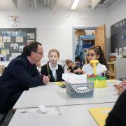 The new bishop of Winchester, Rt Rev Philip Mounstephen, with the children at St Mark's CE School in Shirley