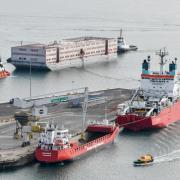 The Bibby Stockholm arriving at Portland Port on Tuesday