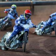 Poole Pirates Speedway v  Workington Comets  in BSN Series Semi-final 1st leg at Wimborne Road. Heat 7  Tom Brennan (red)