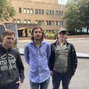 (left to right) Christopher Bennett, 27, Louis McKechnie, 23, and Riley Ings, 27, three of five Animal Rebellion protesters