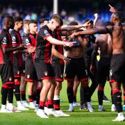 Bournemouth players celebrate victory after the final whistle in the Premier League match at Goodison Park, Liverpool. Picture date: Saturday August 31, 2024.