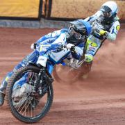 Richard Lawson Testimonial race meeting at Poole Speedway. Heat 3  rerun - Ben Cook ( blue) and