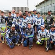 Richard Lawson Testimonial race meeting at Poole Speedway. Richard Lawson with both teams of guest riders before the meeting.