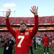 Kansas City Chiefs kicker Harrison Butker (7) walks off the field after kicking a 51-yard field goal (Ed Zurga/AP)