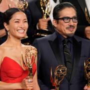 Anna Sawai, left, winner of the award for outstanding lead actress in a drama series for Shogun, and Hiroyuki Sanada, winner of the awards for outstanding lead actor in a drama series, and outstanding drama series for Shogun pose in the press room during