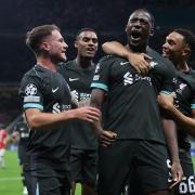 Ibrahima Konate, second right, celebrates after scoring Liverpool’s equaliser (Fabrizio Carabelli/PA)