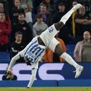 Carlos Baleba celebrates after scoring the opening goal (Andrew Matthews/PA)