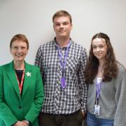 Helen Sharman (left) with sixth form students Magnus Hinves and Grace Legg