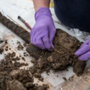 Experts from Wessex Archaeology carefully clean the spade of excess mud as part of the conservation process