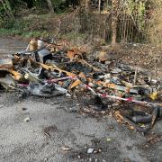 Charred remains of a caravan fire in Ulwell Road, Swanage