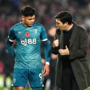 Bournemouth manager Andoni Iraola (right) and player Francisco Evanilson after the final whistle in