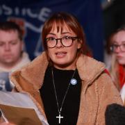 Toni Ogle-Johnson, daughter of Ian Ogle, speaking outside Laganside Courts in Belfast after three men were found guilty of her father’s murder (Liam McBurney/PA)