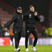 Fabian Hurzeler, right, and Jonas Scheuermann celebrate after Brighton’s 2-1 win at Bournemouth (Andrew Matthews/PA)