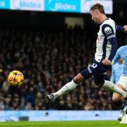 James Maddison volleys Tottenham in front at the Etihad Stadium (Martin Rickett/PA)