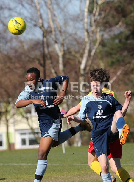 Football action Greenfields v Moordown U16's at King George V playing fields in Ferndown