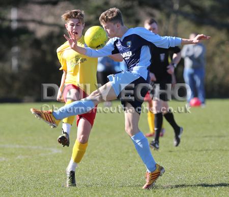 Football action Greenfields v Moordown U16's at King George V playing fields in Ferndown